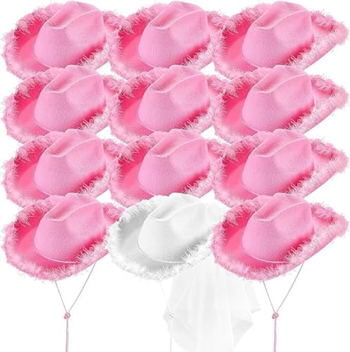12 Stück Cowboyhut und Schleier Junggesellinnenabschied, Cowgirlhut Hochzeit Brautparty Dekoration, Brautgeschenk, Country-Western Neuheit (Weiß, Rosa) von SWHCM
