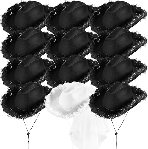 12 Stück Cowboyhut und Schleier für Junggesellinnenabschiede, Cowgirlhut für Hochzeiten, Brautparty-Dekoration, Geschenk für die zukünftige Braut, Country-Western-Neuheit (Weiß, Schwarz) von SWHCM