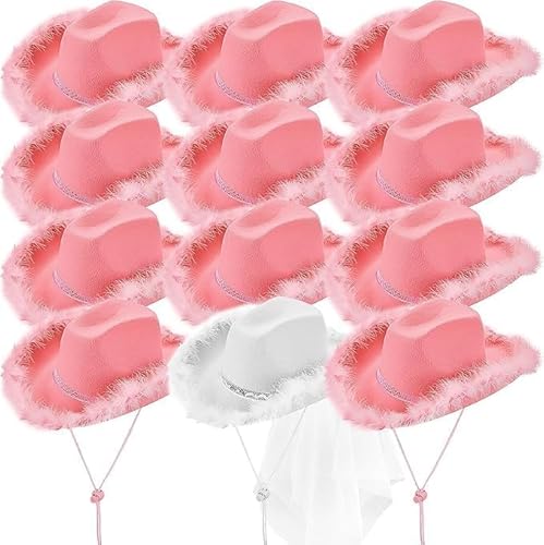 12 Stück Cowgirl-Cowboyhüte für Damen, Junggesellinnenabschied, Cowboyhüte für Brautparty, Hochzeit, Verlobung, Halloween, Cosplay (Weiß, Rosa） von SWHCM