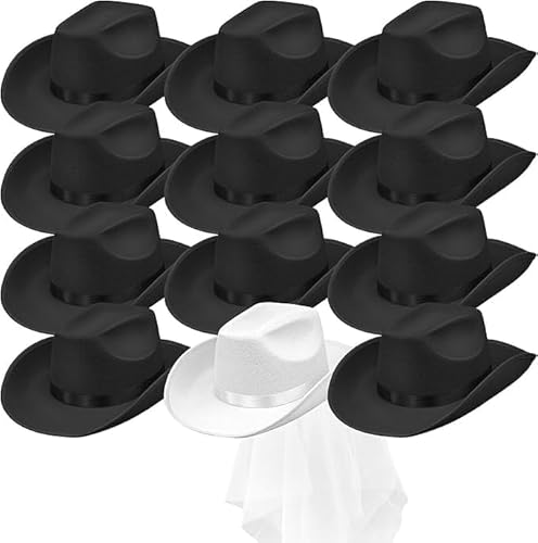 12 Stück Cowgirlhüte für die Braut, Cowboyhüte, Junggesellinnenabschieds-Cowboyhut für Partys, Hochzeiten, Brautpartys (Schwarz, Weiß) von SWHCM