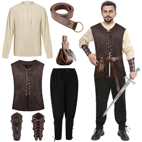 SWHCM Mittelalter Kleidung Herren Set – Renaissance Kostüm Herren Mittelalter Kleidung Männer Viking Kostüm Halloween Fasching mit Weste, Hemd, Hose, Gürtel, Armband, Beutel (M (Mittel)) von SWHCM