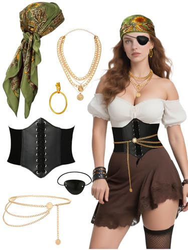 Piratenkostüm-Zubehör für Damen, Piraten-Zubehör mit Piraten-Kopftuch, Halskette, Ohrring-Korsett, Halloween, Grün , Einheitsgröße von SWIMLANCE