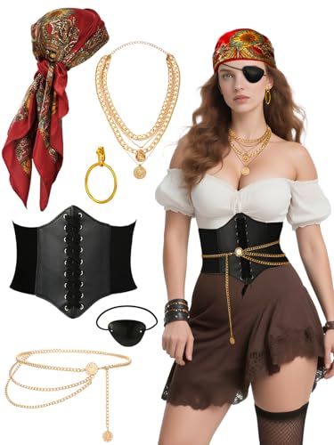 Piratenkostüm-Zubehör für Damen, Piraten-Zubehör mit Piraten-Kopftuch, Halskette, Ohrring-Korsett, Halloween, Rot/Ausflug, einfarbig (Getaway Solids), Einheitsgröße von SWIMLANCE