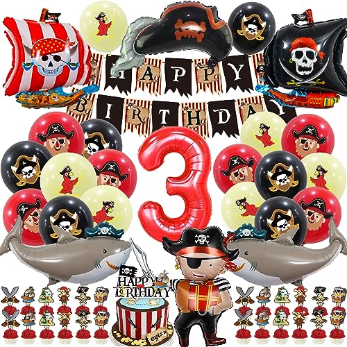 SWOKKTS Dekoration für Geburtstag, Piraten, Kinder, 3 Jahre, Dekoration, Geburtstag, Jungen, Ballon, Boot, Piraten, Mottopartyzubehör, Happy Birthday Banner Kuchen (3. Geburtstag) von SWOKKTS