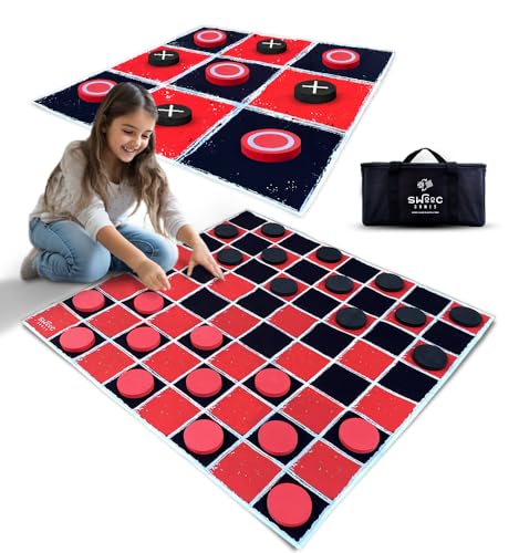 SWOOC Games - 2-in-1 Giant Vintage Checkers & Tic Tac Toe Spiel mit Matte (91 x 91 cm) - 100% maschinenwaschbares Segeltuch - Riesige Spiele & Aktivitäten im Freien - Riesenspiele - Riesige von SWOOC