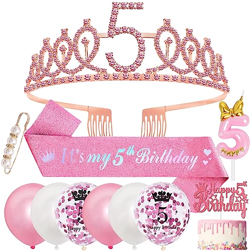 5. Geburtstag Mädchen 5 Jahre Geburtstagsdeko, 5. Geburtstagskrone und Birthday Schärpe,Rosa Diamant Roségold Krone Geburtstag Crown Schärpe,Luftballons,Kerze für 5th Party Deko Mädchen von SWPEED