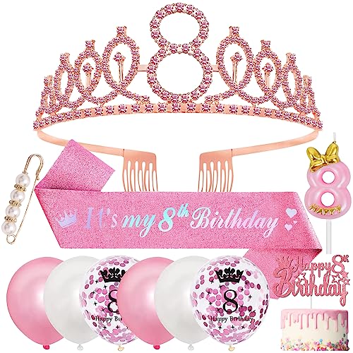 8 Geburtstag Mädchen 8 Jahre Geburtstagsdeko, 8. Geburtstagskrone und Birthday Schärpe,Rosa Diamant Roségold Krone Geburtstag Crown Schärpe,Luftballons 8 Jahre,Kerze für 8th Party Deko Mädchen von SWPEED