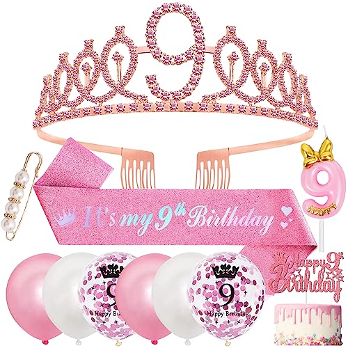 9. Geburtstag Mädchen 9 Jahre Geburtstagsdeko, 9. Geburtstagskrone und Birthday Schärpe,Rosa Diamant Roségold Krone Geburtstag Crown Schärpe,Luftballons 9 Jahre,Kerze für 9th Party Deko Mädchen von SWPEED