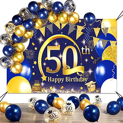 SWPEED 50. Geburtstag Mann Deko Set - Blau Gold Banner, Luftballons, Konfetti - Hintergrund (74,8×47,2 Zoll) von SWPEED
