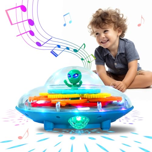 SWTOIPIG Transparentes Zahnradspielzeug, fliegende Untertasse, leuchtendes Musikspielzeug, elektrisches Spielzeug, 360 Grad drehbar, mechanisches Getriebe, Walking Spielzeug für Kinder, pädagogisches von SWTOIPIG