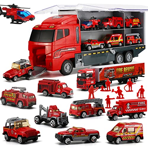 19 in 1 Feuerwehrauto Set, Feuerwehr Spielzeug Fire Trucks im Lastwagen mit 9 Figuren für Kinder ab 3 Jahren von SWUNXION