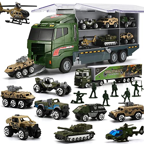 SWUNXION 26 in 1 Militär Autos + Transportfahrzeug Set, Militärfahrzeuge Soldaten Druckguss Modelle, Spielzeugautos Aufbewahrung in LKW Truck, Armee Fahrzeuge Spielzeug für Kinder Mädchen Junge von SWUNXION