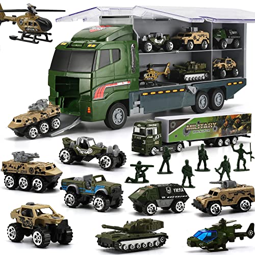 26 in 1 Militär Autos + Transportfahrzeug Set, Militärfahrzeuge Soldaten Druckguss Modelle, Spielzeugautos Aufbewahrung in LKW Truck, Armee Fahrzeuge Spielzeug für Kinder Mädchen Junge von SWUNXION