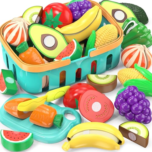 Schneide- und Lebensmittelspielzeug für Kinder, Küchenspielzeug, künstliches Obst und Gemüse mit Einkaufskorb, Kunststoffbrett und Messer, Geburtstagsgeschenke/Lernspielzeug für Cutting Play Schneide- und Lebensmittelspielzeug für Kinder, Küchenspielzeug, künstliches Obst und Gemüse mit Einkaufskorb, Kunststoffbrett und Messer, Geburtstagsgeschenke/Lernspielzeug für Cutting Play von SWUNXION