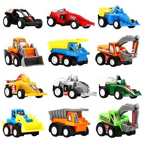 SWUNXION Mini Auto Spielzeug für Kinder, Kleinkinder, Jungen | Ultimatives 12er Set Spielzeugautos|6 Baufahrzeuge und 6 Rennautos | Zum Aufziehen und Fahren Lassen | Ab 3 Jahren von SWUNXION