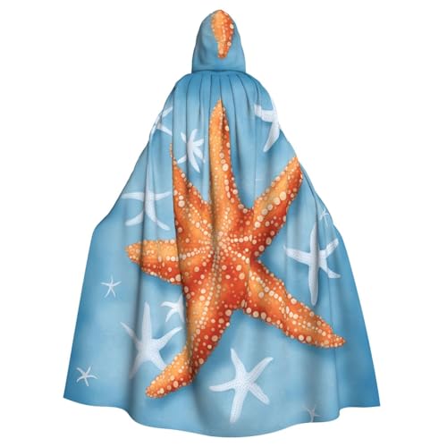 SXOOGE Blauer Hintergrund Seestern 1 Halloween Umhang Unisex Robe Kapuzenumhang Cosplay Kostüm Umhang für Halloween Kapuzenuniform von SXOOGE