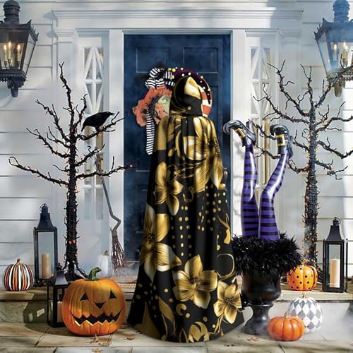 SXOOGE Halloween-Umhang mit schwarzen und goldenen Blumen, Unisex, Kapuzenumhang, Cosplay-Kostüm, Umhang für Halloween, Kapuzenuniform SXOOGE Halloween-Umhang mit schwarzen und goldenen Blumen, Unisex, Kapuzenumhang, Cosplay-Kostüm, Umhang für Halloween, Kapuzenuniform von SXOOGE