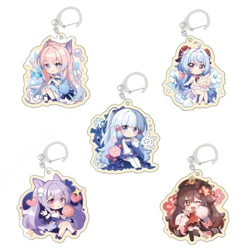 Gen Shin Acryl Schlüsselanhänger 5er Set Niedlich Ganyu,Hu Tao,Kamisato Ayaka,Keqing,Kokomi Figur Anhänger Schlüsselringe Schlüsselzubehör Handy Anhänger Tasche Deko Cos Requisiten von SXYNIO