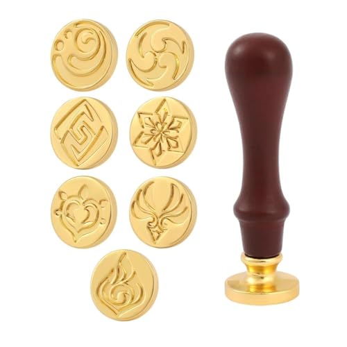 Gen Shin Wachs Siegel Stempel Kit Mit Holzgriff, Vision 7 Elemente Vintage Wachs Siegel Stempel Formen Für Einladungskarten, Grußkarten, Umschläge, Weinpakete, Geschenkverpackung (Gold) von SXYNIO