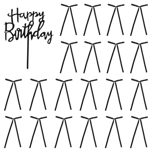 20 Stück Tortendeko Schwarz mit Schleifen, Cake Topper mit 1 Happy Birthday Schild, Tortendeko Schleifen (8×13cm) für Dekorationen Geburtstag Hochzeit, Sehr gut geeignet für Herzkuchen Vintage Kuchen von SYHSYC
