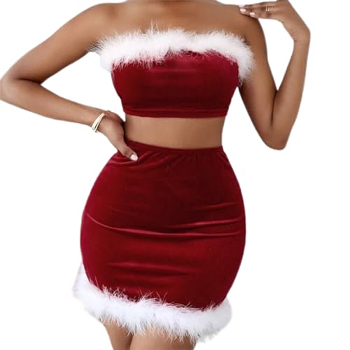 2-teiliges Minirock-Set für Damen, Weihnachtsmann-Babydoll-Set, Weihnachtsmann-Kostüm, Weihnachtsmann-Kostüm, Weihnachtsmann-Kostüm (A-Red, M) von SYHVGI