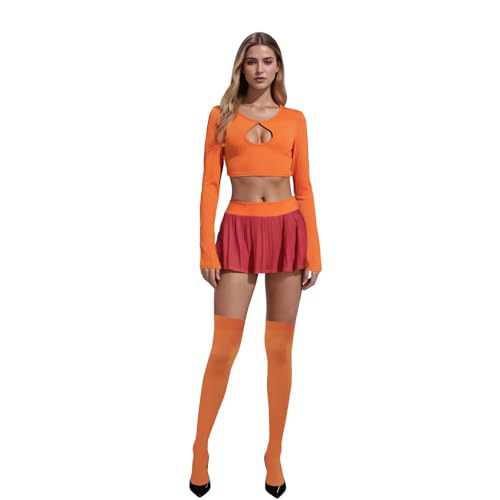 Halloween-Kostüm für Damen, lange Ärmel, bauchfreies Oberteil und Minirock, Strümpfe, Gruppen-Outfit-Set (A-Orange, S) von SYHVGI