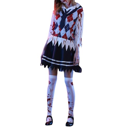Halloween-Outfit für Damen, blutiges kariertes Oberteil mit Rock, zum Binden, Zombie-Kostüm, Cosplay, Schuluniform (mehrfarbig, S) von SYHVGI