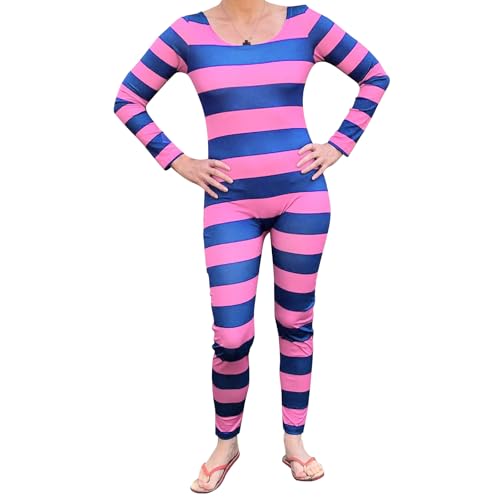 SYHVGI Damen Grinsekatze Halloween Kostüm Rosa Lila Gestreifter Jumpsuit Cosplay Outfit Party Dress Up Kostüm (Pink Purple, L) von SYHVGI