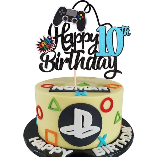 1 Stück 10th Videospiel Tortendeko Glitter Geburtstag Cake Topper Gaming Happy Birthday Kuchen Deko Videospiel Thema Cake Dekoration für Jungen Kindergeburtstag Spiel Thema Party Dekoration Blau von SYKYCTCY