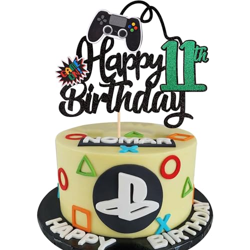 1 Stück 11th Videospiel Tortendeko Glitter Geburtstag Cake Topper Gaming Happy Birthday Kuchen Deko Videospiel Thema Cake Dekoration für Jungen Kindergeburtstag Spiel Thema Party Dekoration Grün von SYKYCTCY
