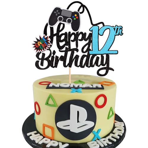 1 Stück 12th Videospiel Tortendeko Glitter Geburtstag Cake Topper Gaming Happy Birthday Kuchen Deko Videospiel Thema Cake Dekoration für Jungen Kindergeburtstag Spiel Thema Party Dekoration Blau von SYKYCTCY