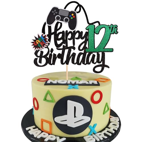 1 Stück 12th Videospiel Tortendeko Glitter Geburtstag Cake Topper Gaming Happy Birthday Kuchen Deko Videospiel Thema Cake Dekoration für Jungen Kindergeburtstag Spiel Thema Party Dekoration Grün von SYKYCTCY