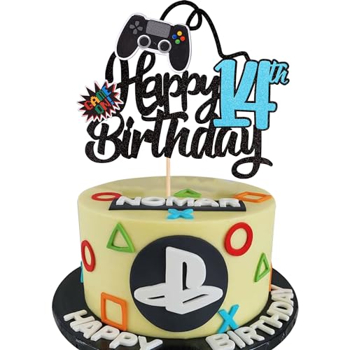 1 Stück 14th Videospiel Tortendeko Glitter Geburtstag Cake Topper Gaming Happy Birthday Kuchen Deko Videospiel Thema Cake Dekoration für Jungen Kindergeburtstag Spiel Thema Party Dekoration Blau von SYKYCTCY