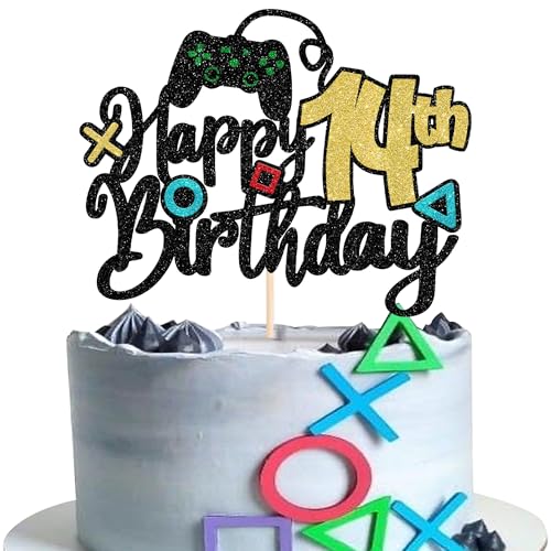 1 Stück 14th Videospiel Tortendeko Glitzer Game On Controllers 14th Geburtstag Kuchen Deko Spielkonsolen Cake Topper für Videospiel Theme Jungen Mädchen 14th Geburtstag Party Kuchen Dekorationen von SYKYCTCY