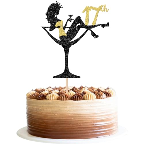 1 Stück 17th Sitzendes Mädchen Tortendeko, 17th Geburtstag Cake Topper Glitter High Heel Mädchen Kuchen Deko für Mädchen Lady Spa Bachelorette Thema Geburtstag Party Kuchen Dekorationen Gold von SYKYCTCY