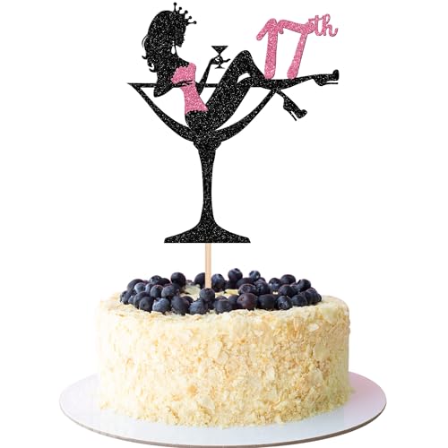 1 Stück 17th Sitzendes Mädchen Tortendeko, 17th Geburtstag Cake Topper Glitter High Heel Mädchen Kuchen Deko für Mädchen Lady Spa Bachelorette Thema Geburtstag Party Kuchen Dekorationen Rosa von SYKYCTCY