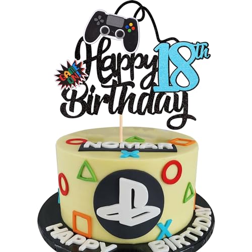 1 Stück 18th Videospiel Tortendeko Glitter Geburtstag Cake Topper Gaming Happy Birthday Kuchen Deko Videospiel Thema Cake Dekoration für Jungen Kindergeburtstag Spiel Thema Party Dekoration Blau von SYKYCTCY