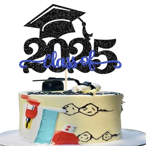 1 Stück 2025 Abschluss Tortendeko Glitzer 2025 Graduation Kuchen Deko Graduierung Kappe Tortendekoration Cake Topper für 2025 Schule Abschluss Party Schwarz Blau von SYKYCTCY