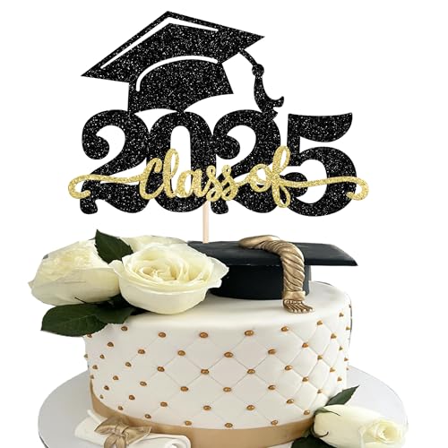 1 Stück 2025 Abschluss Tortendeko Glitzer 2025 Graduation Kuchen Deko Graduierung Kappe Tortendekoration Cake Topper für 2025 Schule Abschluss Party Schwarz Gold von SYKYCTCY