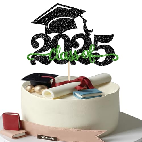 1 Stück 2025 Abschluss Tortendeko Glitzer 2025 Graduation Kuchen Deko Graduierung Kappe Tortendekoration Cake Topper für 2025 Schule Abschluss Party Schwarz Grün von SYKYCTCY