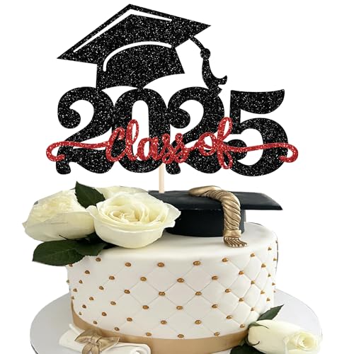 1 Stück 2025 Abschluss Tortendeko Glitzer 2025 Graduation Kuchen Deko Graduierung Kappe Tortendekoration Cake Topper für 2025 Schule Abschluss Party Schwarz Rot von SYKYCTCY