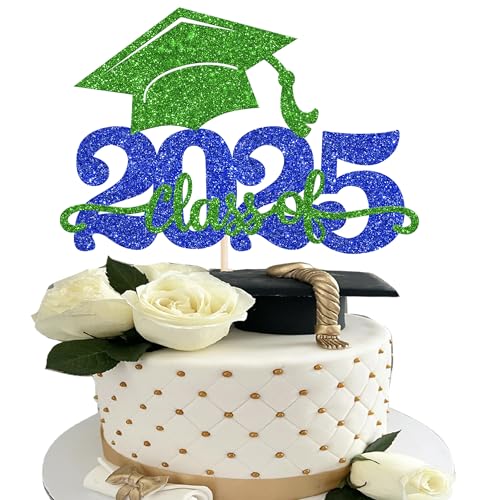 1 Stück 2025 Abschluss Tortendeko Glitzer 2025 Graduation Kuchen Deko Graduierung Kappe Tortendekoration Cake Topper für 2025 Schule Abschluss Party Grün Blau von SYKYCTCY