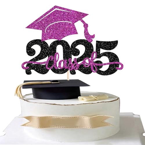 1 Stück 2025 Abschluss Tortendeko Glitzer 2025 Graduation Kuchen Deko Graduierung Kappe Tortendekoration Cake Topper für 2025 Schule Abschluss Party Lila von SYKYCTCY