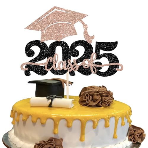 1 Stück 2025 Abschluss Tortendeko Glitzer 2025 Graduation Kuchen Deko Graduierung Kappe Tortendekoration Cake Topper für 2025 Schule Abschluss Party Rosegold Neu von SYKYCTCY