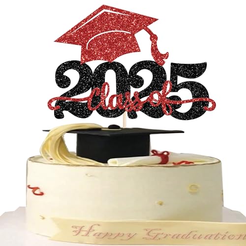 1 Stück 2025 Abschluss Tortendeko Glitzer 2025 Graduation Kuchen Deko Graduierung Kappe Tortendekoration Cake Topper für 2025 Schule Abschluss Party Rot von SYKYCTCY
