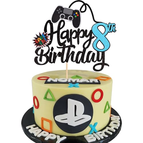 1 Stück 8th Videospiel Tortendeko Glitter Geburtstag Cake Topper Gaming Happy Birthday Kuchen Deko Videospiel Thema Cake Dekoration für Jungen Kindergeburtstag Spiel Thema Party Dekoration Blau von SYKYCTCY