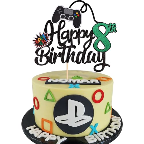 1 Stück 8th Videospiel Tortendeko Glitter Geburtstag Cake Topper Gaming Happy Birthday Kuchen Deko Videospiel Thema Cake Dekoration für Jungen Kindergeburtstag Spiel Thema Party Dekoration Grün von SYKYCTCY