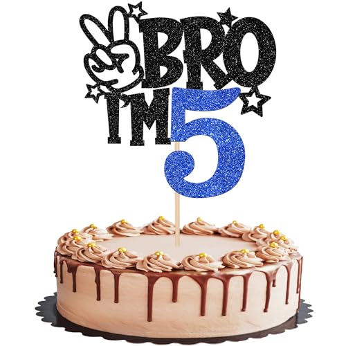 1 Stück BRO I'm 5 Tortendeko Glitzer Bro I'm 5 Cake Topper It's My 5th Geburtstag Kuchen Deko für Prost auf 5 Jahre Kinder 5th Geburtstag Party Kuchen Dekoration Schwarz Blau von SYKYCTCY