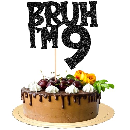 1 Stück Bruh I'm 9 Cake Topper Glitzer Happy 9th Geburtstag Tortendeko Bro I'm 9 It's My 8th Birthday Kuchen Deko für Prost auf 9 Jahre Geburtstag Party Kuchen Dekoration Schwarz von SYKYCTCY