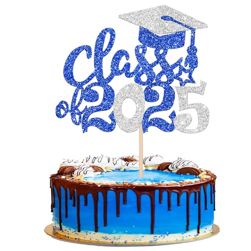 1 Stück Class of 2025 Cake Topper Glitzer Abschluss Kappe Tortendeko Klasse von 2025 Graduierung Kuchen Deko für 2025 Schule Abschluss Party Kuchen Dekoration Blau Silber von SYKYCTCY
